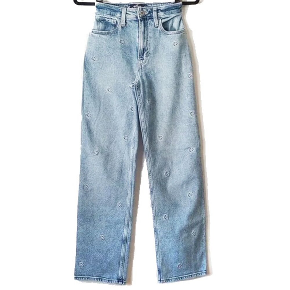 Hollister Floral Embroidered Ultra High Rise Dad Jeans 23R 23x30 Vintage Stretch